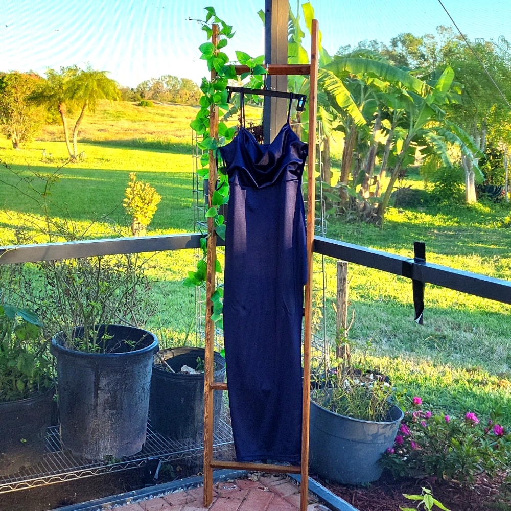 Navy Blue Satin Prom Dress with Leg Slit, Size Large